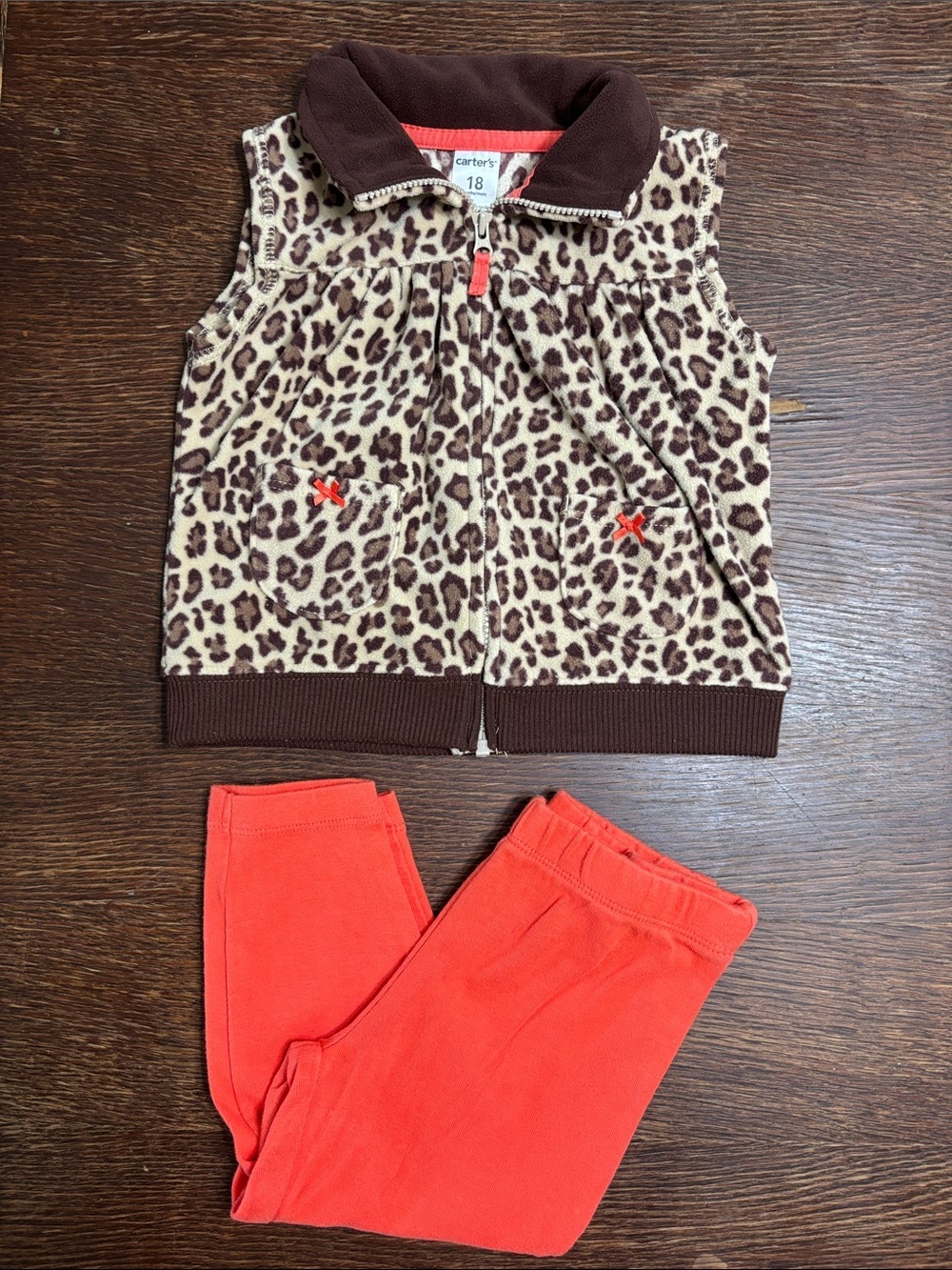 Carter's Leopard Print Zip Vest with Coral Pants Leggings Baby Girl Size 18 mo